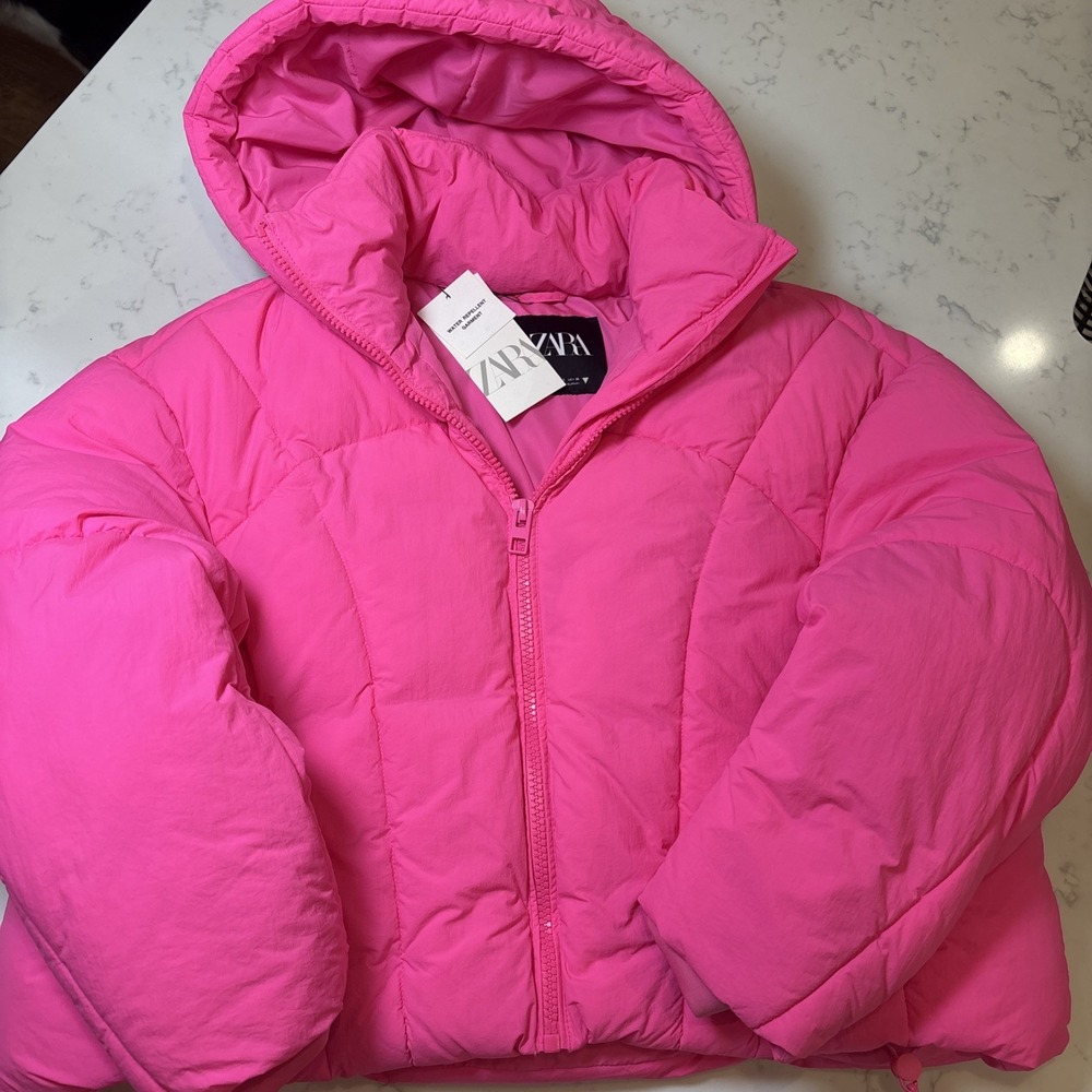 Zara Bright Pink Winter Cropped Puffy Jacket Ski Bunny Water Repellent SM NEW